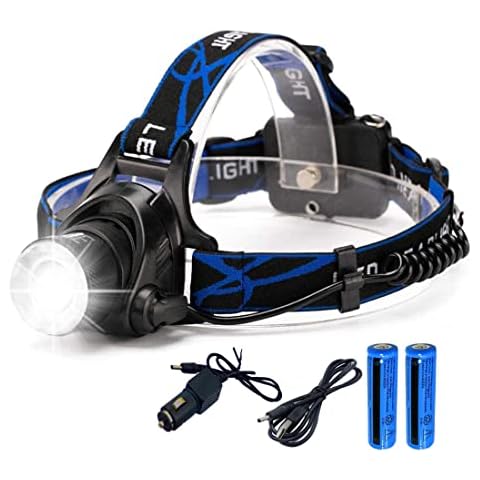 GUODSKHOO LED Headlamp USB Rechargeable Head Torch High Lumens Super Bright Flashlight Outdoor Lamp for Hiking Camping T6 Adjustable Headlight Torches Lantern 2 x Lion Battery+ USB Cable & Car Charge Cover