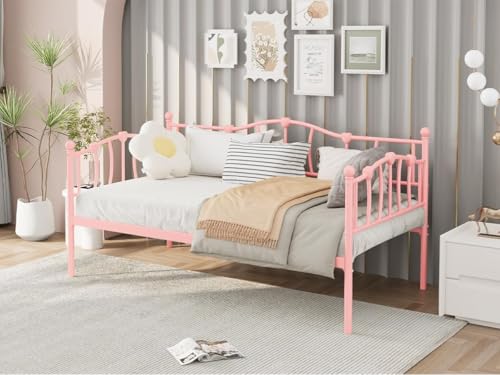 Image of GarveeHome Twin Daybed with Trundle, Metal Sofa Bed Frame with Steel Slat Support, Twin Size Space-Saving Multifunctional Furniture for Living Room, Bedroom, Love Heart Design