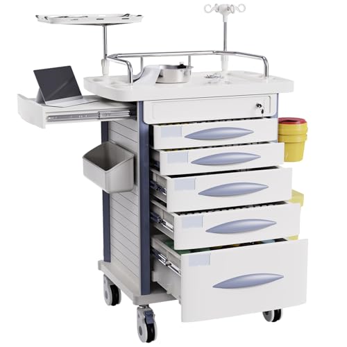 OLERN Medical Rolling Crash Cart with Accessories-CPR Board, IV Pole, O2 Holder, Trash Bin, Drawers with Dividers, Mobile Medical Cart for Clinic, Hospital, Nursing Center, Salon, 29.5â€Wx18.7â€Dx37.4â€H