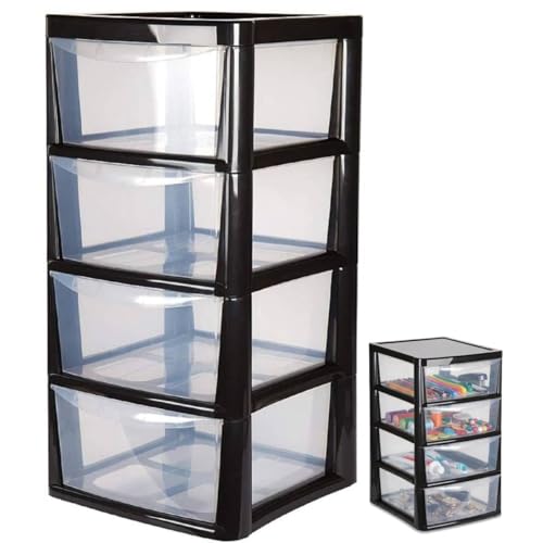 4 Drawer Large Plastic Storage Unitr Sturdy Drawer Tower Organizer Home Office School Kids Toy Bedroom Storage Solution With See Through Drawers for Home Office Crafts Black Clear