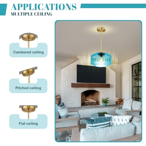 Image of Blue Pendant Lights Gold Schoolhouse Ceiling Light Fixture Mid Century Modern Pendant Lighting Large Glass Chandelier Hanging Lights for Kitchen Island Dining Room Hallway
