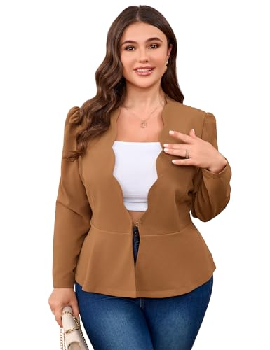 Yesfashion Plus Size Womens Hook&Eye Blazer Suit Jacket Long Sleeve Scallop Placket Peplum Business Casual Blazers