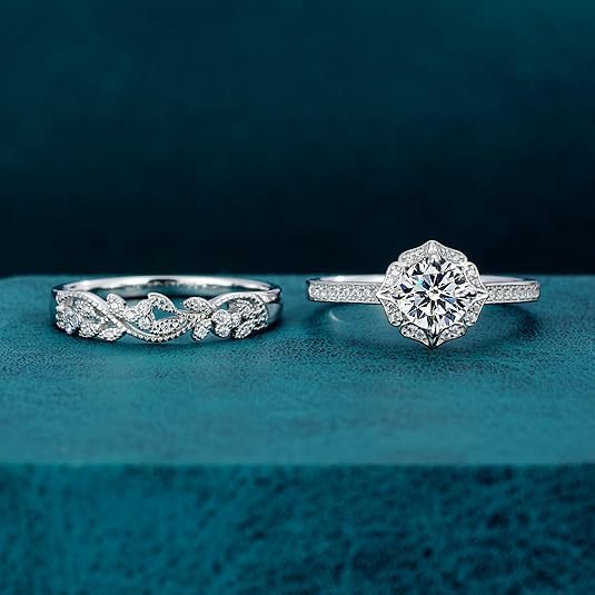 WES 1CT Moissanite Bridal Ring Set - 925 Sterling Silver Stackable D Color VVS1 Olive Leaf Design Moissanite Engagement Promise Wedding Rings for Women, Size 4-11 - Image 5