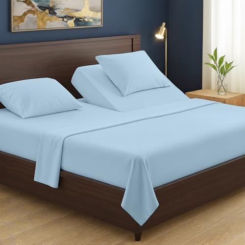 Mattress-Homes Split Head King Luxury Sheets, 100% Long Staple Cotton, 4 Piece Flex Head King Sheets Sets for Adjustable Beds-top Split, 18" Deep, Light Blue Solid