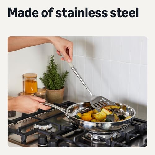 Amazon Basics Stainless Steel Cooking Spoon and Ladle Set, 4-Piece Set, Soft Grip Handle, Dishwasher-Safe, Linen Gray - Image 4