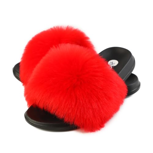 Image of Women's Faux Fur Slides, Open Toe Cute Fur Slippers, Indoor or Outdoor Comfortable Furry Slide Sandals With Fluffy Fur