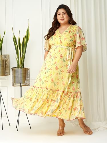 Image of Miss Chase A+ Women's Bohemian V-Neck Flutter Sleeve Chiffon Relaxed Fit Wrap Maxi Dress