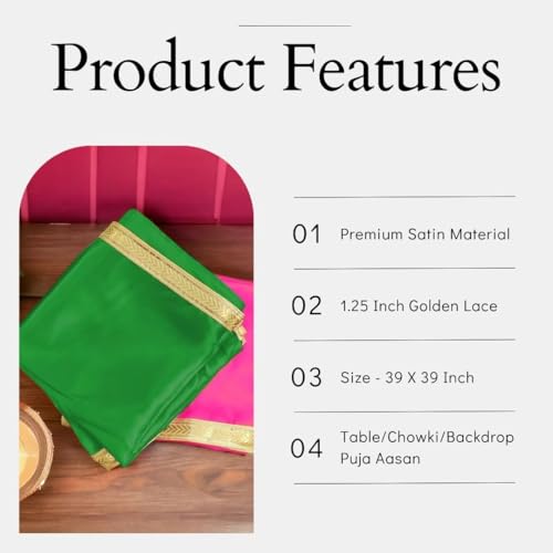 Image of Pooja Mandir Kapda, 1 Meter Green Silk Satin Altar Cloth for God Pooja Table, Goddess Radha /Paravati Chowki Aasan, Temple, Mandir and Puja Ghar