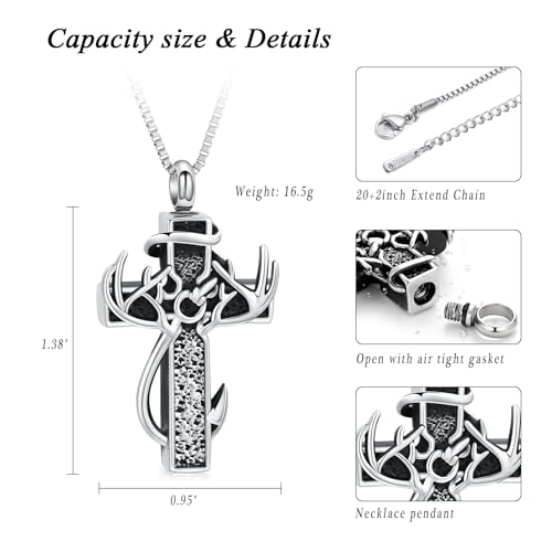 XSMZB Cross Cremation Jewelry Urn Necklace for Human Ashes Fish Hook Memorial Urn Pendant Deer Antler Cross Ashes Holder Keepsake Jewelry2