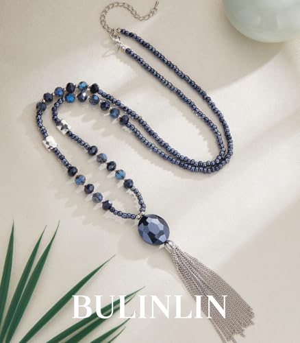 BULINLIN Boho Beaded Long Necklaces for Women Chunky Bead Pendant Necklace with Crystal Tassel Costume Jewelry Gifts for Her2