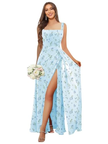 Image of HANVAIOS Square Neck Bridesmaid Dresses Long Chiffon Formal Maxi Dress with Slit