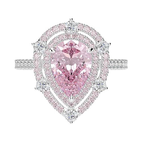 925 Sterling Silver Plated Pear Shaped Simulated Pink Topaz Halo Engagement Wedding Ring for Women