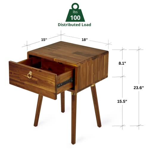 Bme Caden/Alden 1-Drawer Nightstand/Side End Table Fully Assembled, Solid Acacia Wood For Mid Century Bedroom And Living Room, Caramel #TOP1