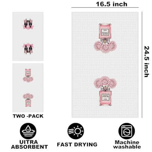Image of Hanamiya Na 2Pcs Pink Hand Towels Decor for Bathroom 24x14 Inch, Bow Decor Reusable Towel, Waffle Weave Tea Towels for Bathroom Kitchen Farmhouse Decor, Washroom Gifts for Women Friend