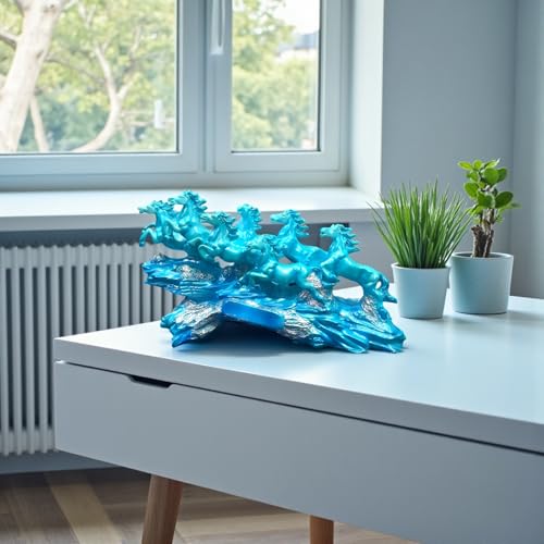 Image of 7 Running Horses | Vastu, Feng Shui Statue for Good Luck Wealth Health Happiness White Horses with Golden Touch | Home Decor Gift for Home, Office, Resin (L-17, H-10 Inch) (Sky Blue)