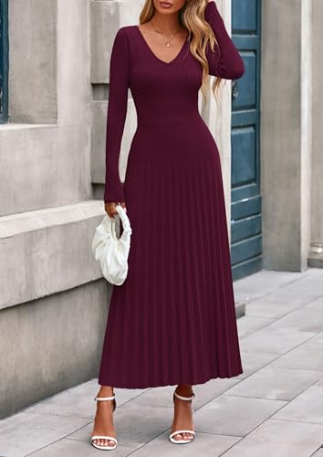 PRETTYGARDEN Women Sweater Dress Fall Fashion 2025 Long Sleeve V Neck Ribbed Knit Pleated A Line Elegant Maxi Winter Dresses2