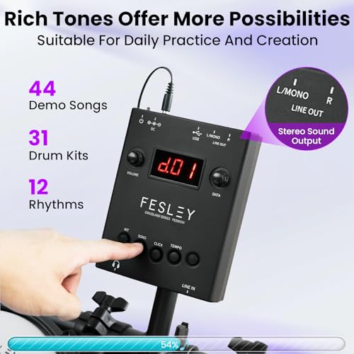 Fesley Electric Drum Set with Independent Kick Drum Electronic Drum: Dual Zone Snare Drum Electric Drum Set, Quiet Mesh Drum Pads For Beginner, 3 Cymbals with Choke, USB MIDI, Drum Throne, Drum Sticks - Thumbnail 4