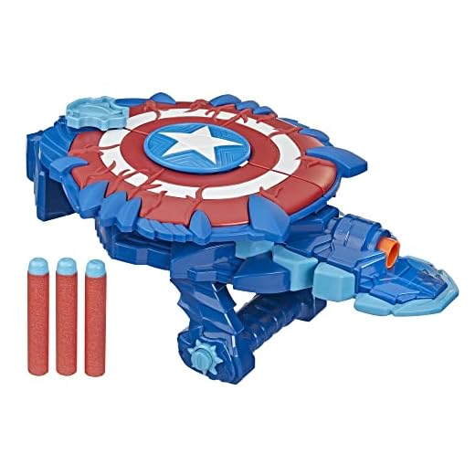 Marvel Avengers Mech Strike Monster NERF Captain America Monster Blast Shield Roleplay Toy with 3 NERF Darts, Toys for Kids Ages 5 and Up