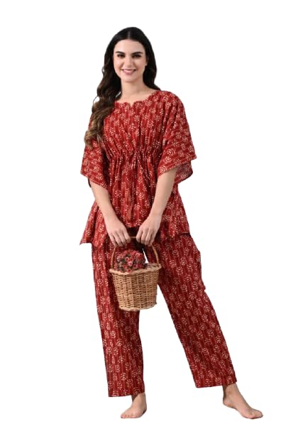 Women's Cotton Printed Night Wear Kaftan with Matching Bottom Night Suit Set