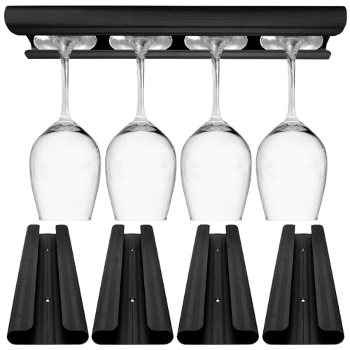 AA Brothers Aluminum Wine Glass Rack 4 Pack Black, Under Cabinet Wine Glass Holder, Under Shelf Mounted Stemware Rack for Kitchen, Bar, Living Room