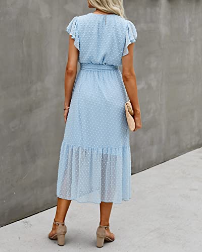 Btfbm Women Summer Bohemian Floral Casual Wrap V Neck Ruffle Cap Sleeveless Belt A-Line Pleated Hem Swing Midi Sun Dress (Swiss Dot Light Blue, L) #TOP4