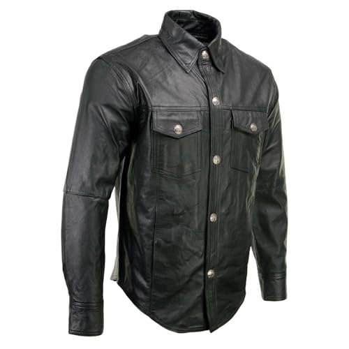 Milwaukee Leather Men's Premium Leather Casual Biker Rider Shirt w/Vintage 5 Cent Buffalo Buttons - Large