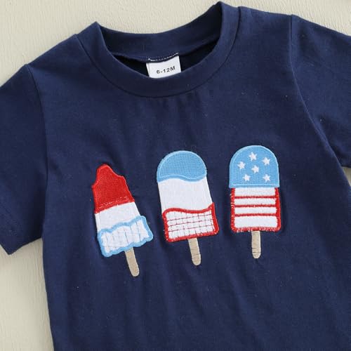 Image of 4th Of July Toddler Boy Outfit Popsicle American Flag T-Shirt and Gingham Plaid Shorts Set Independence Day Clothes