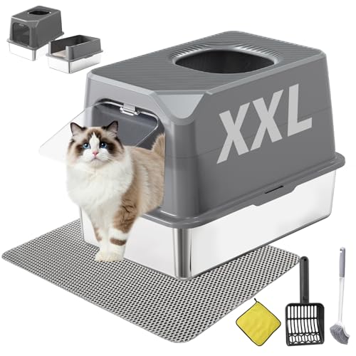 Extra Large Stainless Steel Cat Litter Box Enclosed with Lid - 23.6 x 15.7 x 16.5 Metal Cat Litter Box XXL for Cats Front Top Entry High Side Kitty LitterboxScoop & Mat Anti Leakage No Sticky