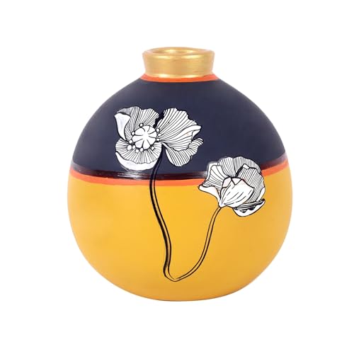 Image of Aakriti Art Creations Sunset Flower Terracotta Matki Vase (5x5x6) | Handmade Floral Art Decorative Vase | Matte Finish Yellow Flower Vase for Living Room Decor, Table Decor, Shelf Decor & Gifting