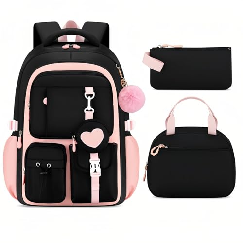 ETAISHOW 3Pcs Black Pink Backpack for Girls with Lunch Box Kids School Bag with Heart Coin Purse Bookbag for Elementary Middle School