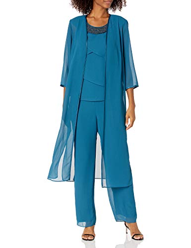 Le Bos Women's Long Duster Beaded Neckline Pant Set, Peacock, 10