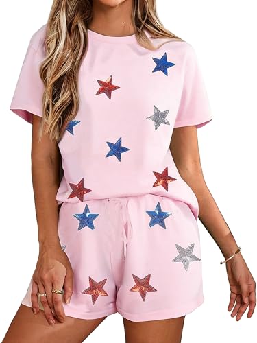 Image of VILOVE 4th of July 2 Piece Sequin Outfits Women 250 Anniversary Usa Shirts and Short Sets Casual Patriotic Shirt Summer Set