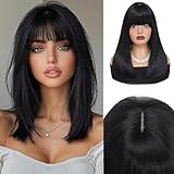 XCHJH Black Bob Wig with Bangs,16 Inch Straight Bob Wigs for Women Glueless Heat Resistant Synthetic Wigs for Women Shoulder Length Natural Looking for Daily Use Halloween Cospaly(Black)