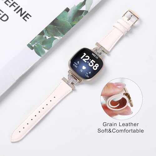 Luxe Leather Bands Compatible With Fitbit Versa 4/Versa 3/Sense 2/Sense Bands For Women D-shaped Bling Metal Buckle Replacement Straps.