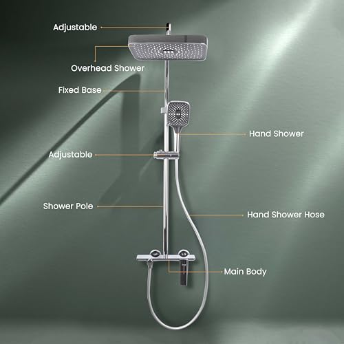 Image of Ruhe Rain Smart Shower Panel Set, Triple Flow Functions, Wall-Mount Chrome Finish | Adjustable Height Shower Panel | Includes Overhead Shower, Triple Flow Hand Shower with Installation Accessories
