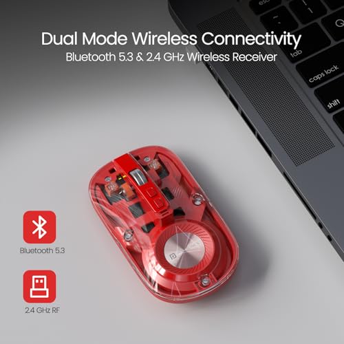 Image of Portronics Toad 8 Transparent Wireless Bluetooth Mouse with Dual Wireless (BT + 2.4 GHz), Rechargeable Battery, Noise-Free Clicking, Show /Hide Desktop, Multi-Device Pair, Adjust Sensitivity (Red)