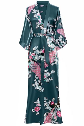BABEYOND Women's Kimono Robe Long Robes with Peacock and Blossoms Printed Kimono Nightgown