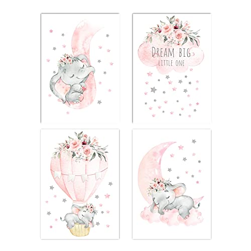 Image of Canssape Pink Elephant Baby Nursery Wall Art Decor For Girls Room Set of 4 Elephant Wall Poster Goodnight On A Hot Air Balloon |Dream Big Little One|(8x10in)(Unframed)