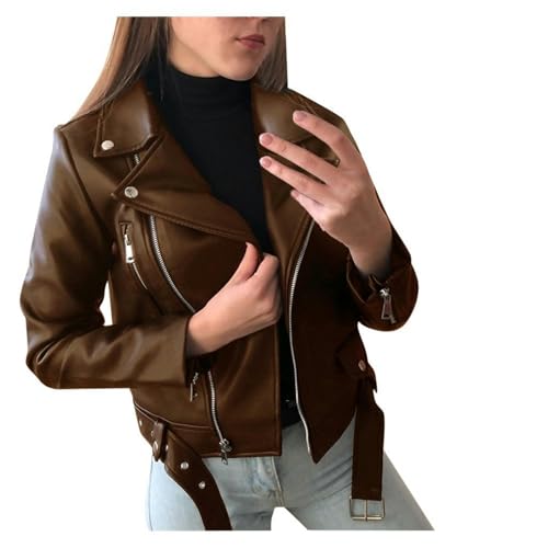 Veste moto femme marron S blouson court ajusté similicuir motard pour femme mode
