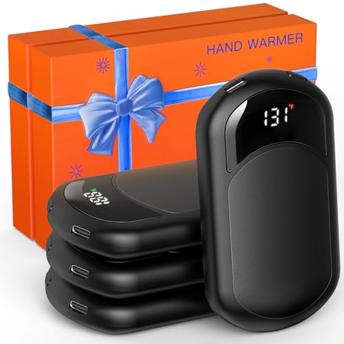 Hand Warmers Rechargeable, 4 Pack Electric Hand Warmer with Gift Box, LED Battery and Temperature Display, Quick Heating Portable Pocket Heater, for Men Women, Camping, Hunting Black