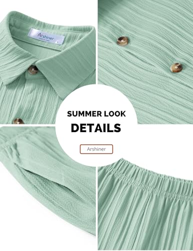 Arshiner Boy's Summer Beach Outfits 2 Piece Short Sleeve Button Down Shirt and Shorts Vacation Texture Set 7-8 Years