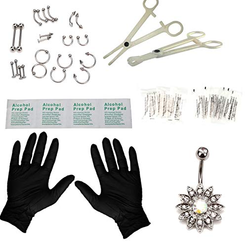 Piercing Kit 41Pcs Professional Nose Piercing Set Stainless Steel 14G 16G Nose Ring Studs Nose Belly Brow for Body Piercing Kit Jewelry Set (Sliver Color)