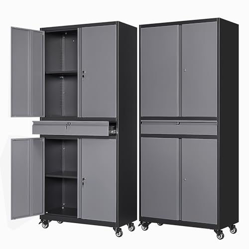 Image of Letaya Metal Garage Storage Cabinet with Wheels,72 inch Rolling Tool Cabinet with 4 Door Lock-Adjustable Shelves and Drawer for Garage Home Office Utility Room (Black&Gray with Wheels)