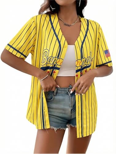 Baseball Jersey Women Game Day Shirt Baseball Player Graphic Tees Button up Short Sleeve Fan Tops Yellow