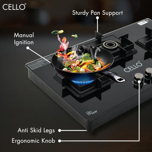 Image of Cello Classic Plus 3 Burner Gas Stove | Glass Hob Top Cooktop with Brass Burners | 8mm Toughened Glass | ISI Certified | Manual Ignition | Flame Guard Pan Supports | Premium Black