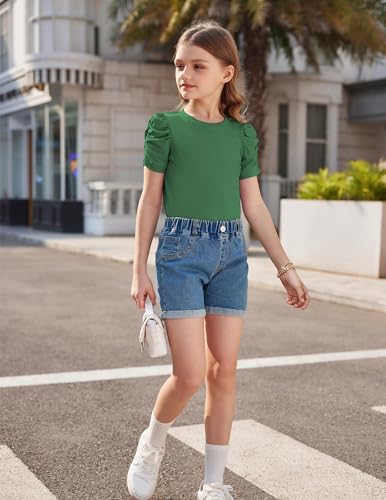 Image of Arshiner Girls Puff Short Sleeve Shirts Summer Ribbed Knit Crewneck T Shirt Tops Tee Blouse