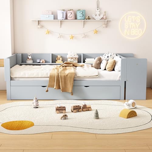 Cama plana con cama nido con escritorio, tres estantes en