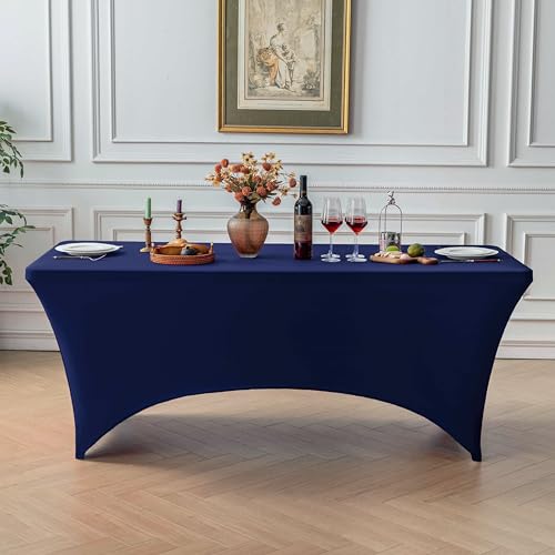 Image of FOLINS&HOME Navy Blue 8ft Fitted Water Resistant Tablecloth with Spandex | Washable Elastic Rectangle Table Cover for 8 Foot Folding Tables, Stretch Table Cloth for Weddings, Banquets, Parties