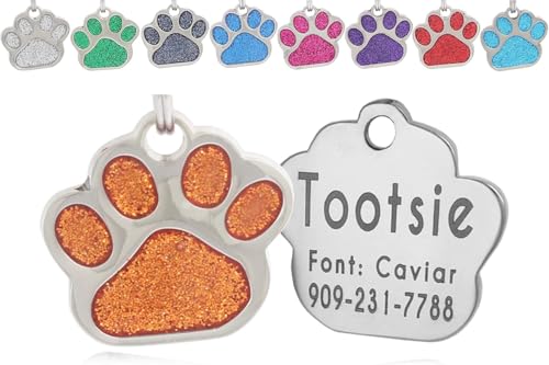 io tags Pet ID Tags, Personalized Dog Tags and Cat Tags, Custom Engraved, Easy to Read, Cute Glitter Paw Pet Tag (Glitter Orange)