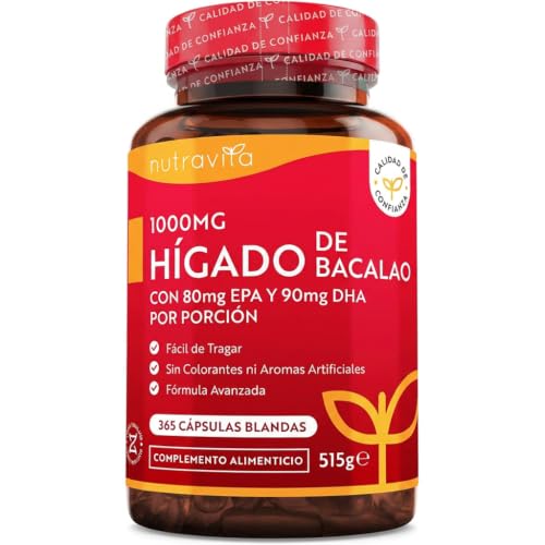 Nutravita Aceite de Hígado de Bacalao 1000mg - 365 Cápsulas Blandas de Aceite de Pescado de Primera Calidad - Rico en Omega 3 de Alta Potencia, Vitaminas A, D, E y Aceite de Ajo